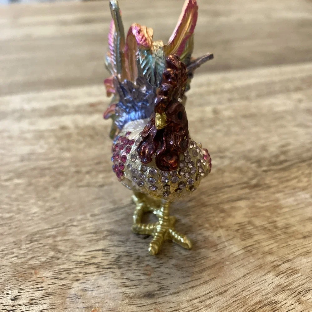 Multicolor Metal Bejewled Rooster Chicken Trinket Box Enameled Interior